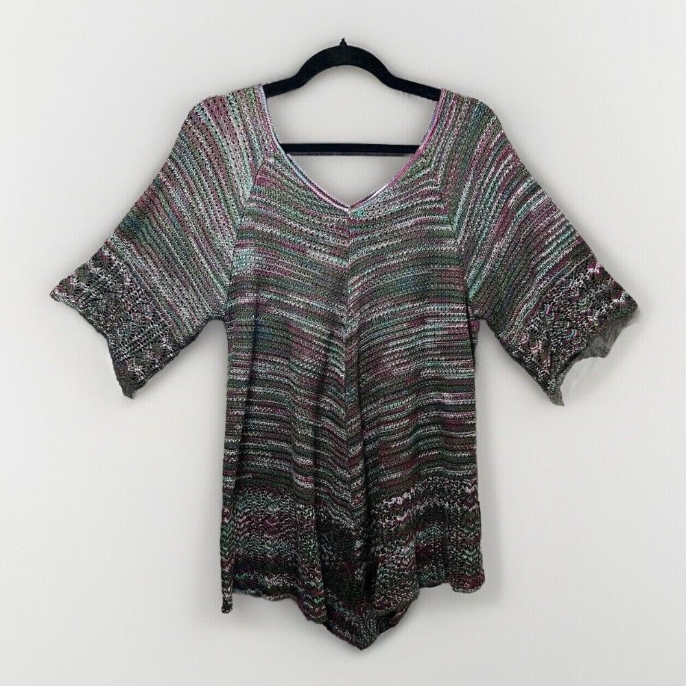 99 Jane Street Top L Crochet‎ V Neck Short Sleeve Open Knit Boho Purple Green